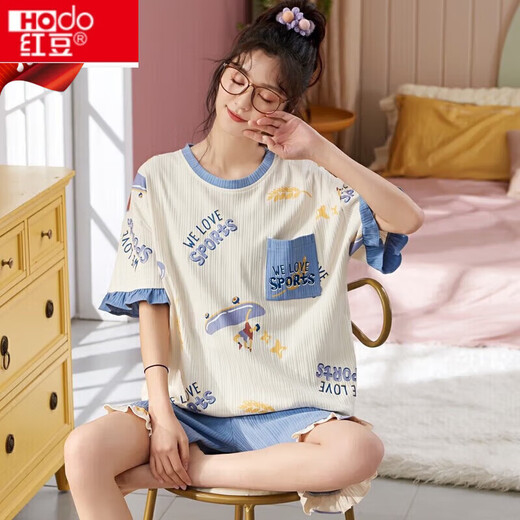 Site Web officiel de Hongdou (Hodo) [Recommandé par la mère centrale] Pajamas pour femmes pour l'été ensemble à manches courtes pour femmes à manches courtes Coton Pure Coton Summer Coréen Minaison Étudiant, Automne et Hiver Home Cloth