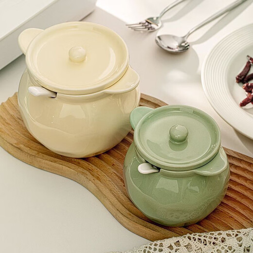 Fat Donglai's same style ceramic canned lard, high temperature resistant lard can with lid, oily spicy can, chili can, large three-piece set, milk green + lid + spoon 1400ml, high temperature resistance, large capacity