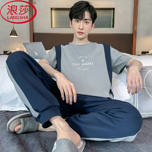 Langsha (Langsha) Pure Cotton Herren-Pyjamas kurzärmelige Hose losen lässiger Anzug Sommer Dünner koreanischer Stil mittleren Alters und junger Herrenhauskleidung H9928 (Kurzärärmel-Shorts) [Counter-Flaggschiff-Qualität] L (Empfohlen 90-110jin [Jin entspricht 0,5 kg]))