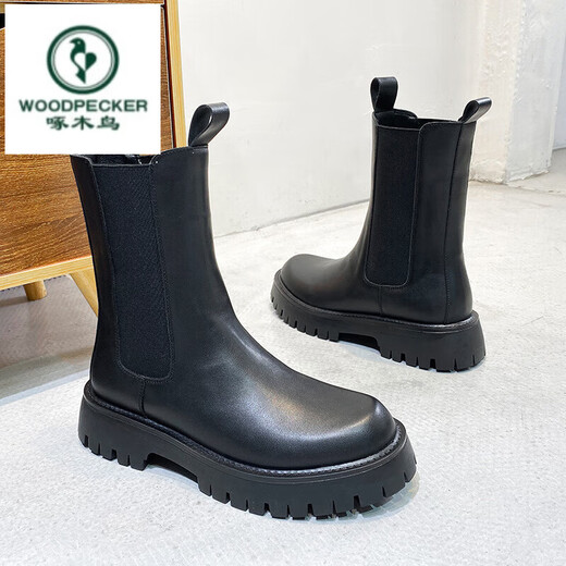 Pecker En cuir chaussures Martin Boots masculin printemps et automne Nouveau homme à mi-haut haut de chaussures en cuir bottes de travail de style coréen British Style Boots en cuir courte 3522 noir 42