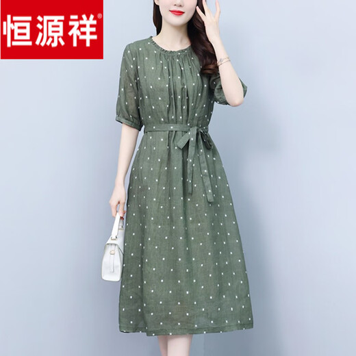Hengyuanxiang 2025 Summer NUEVO RAMIE JACQUARD Vestido de lino de algodón Atado Commuting Simple Round Polka Dot Floral 6219 Dark Green M