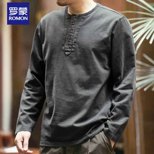 Romon High-End Retro Long Ärmeln T-Shirt Herren 2024 Spring und Herbst Lose Baumwolle Henry Kragen Hemd Hemd Top Charcoal Grey M für 120-140jin [Jin entspricht 0,5 kg] geeignet für 120-140jin [Jin entspricht 0,5 kg]