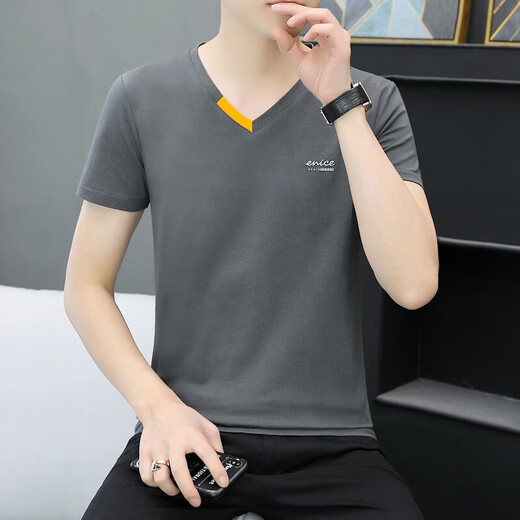 夏季新款男士棉V领半袖T恤潮流休闲小字母印花鸡心领 691 白色 M 90-100斤