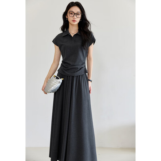 Vanciman Fashion Suit Jirt pour femmes 2025 Été Nouvelle température revers à manches courtes à manches hautes hautes jupe mince M9737 Gris foncé