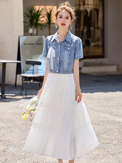 
XAE luxury high-end brand short-sleeved dress for women 2025 summer new fashionable and fashionable age-reducing denim suit skirt picture color L [Suggested 115-125Jin [Jin equals 0.5 kg]]
