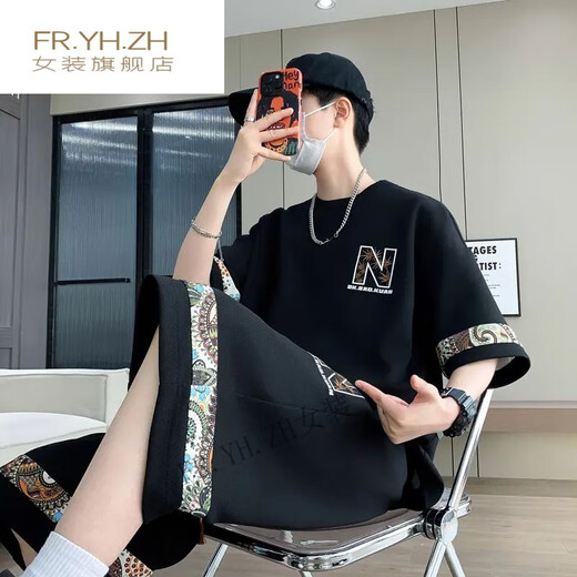 FR.YH.ZH凌越男装店2025夏季休闲运动套装男士百搭两件套 SI23黑色(YYW6195)ER5SI M(90-110斤)