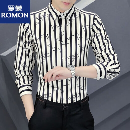 Romon Men's Light Luxury Borded Business Camiseta de manga larga Ropa informal y de pulgada de manga larga de manga larga Slim y Anti-Wrinkle