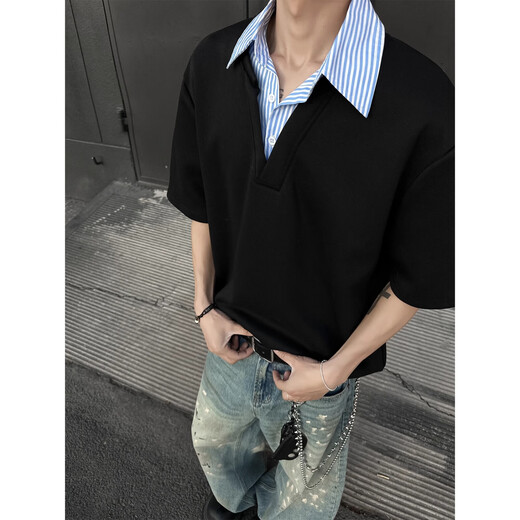 Poum T-shirt à manches courtes pour hommes NOUVEAU COF MIME COOL-ZIPPE FAUX COLS POLO STRIFIÉS DE TWO-PIE