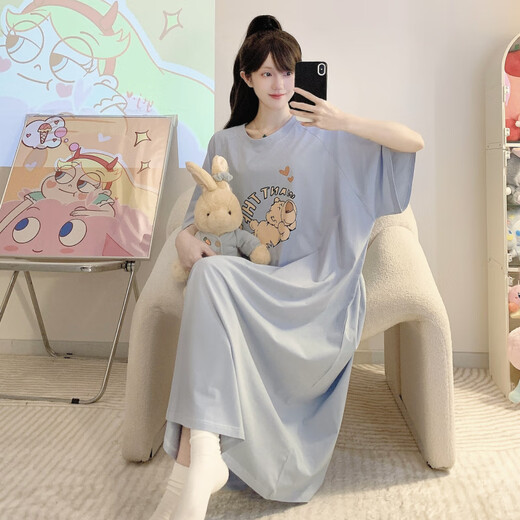 
Pure cotton large size 260Jin [Jin equals 0.5 kg] Summer short-sleeved nightgown for women pregnant women fat MM200Jin [Jin equals 0.5 kg] Loose and larger and fattening home clothes 1369 blue [pure cotton] 4XL 180-210Jin [Jin equals 0.5 kg]