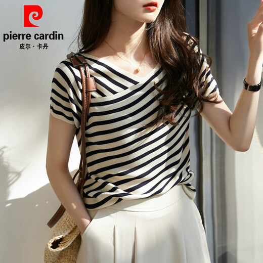 皮尔卡丹（pierre cardin）法式条纹短袖t恤女夏季2025年新款宽松显瘦v领薄款针织衫冰丝上衣 DX829#条纹色 S 建议85-99斤