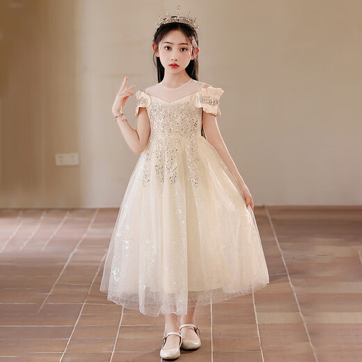 
Omonway children's princess dress evening dress flower children wedding dress girl host piano performance clothing YR-KLS-1792 champagne sleeveless 160
