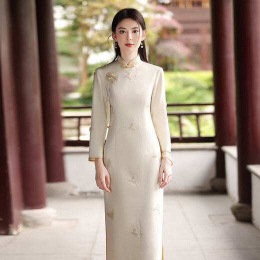 Кангмейши вышита длинно модифицированные Cheongsam 2025 Новая молодая женщина Ретро Слим Слим Средней длины рукава ежедневные носимые весенние и осенняя одежда 13566 Blue S S