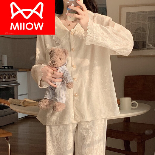 猫人（MiiOW）金丝绒睡衣女秋季女款2024新款长袖长裤甜美公主风花边春秋款冬季 SMSD 9926 白色 L (建议100 120斤)