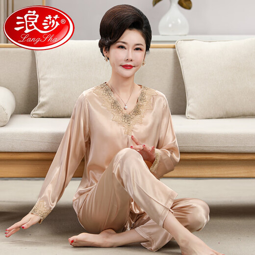 浪莎（LangSha）妈妈睡衣女2025年新款舒适夏季长袖中老年人丝绸家居服套装可外穿 684银色（长款长款） XL 建议105-120斤