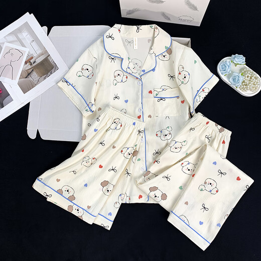 Catman (Miiow) pijamas de tres piezas para mujeres en verano 2025 Nuevo estilo de celebridades de Internet Spring y Autumn Cloud Cloud Algodón de manga corta Pantalones de manga corta Ropa para el hogar 9922# Set de tres piezas de algodón en la nube M [70-95] Jin [Jin equivale a 0.5 kg]