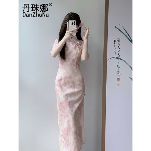 丹珠娜（DanZhuNa）黄色新中式连衣裙夏季新款国风复古改良旗袍年轻气质长裙子女夏天 9721粉色旗袍（无饰品） L