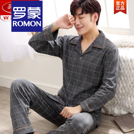 罗蒙（ROMON）睡衣男士春秋纯棉长袖可外穿全棉大码薄款秋季家居服套装精选高品 834满地 5XL 数
