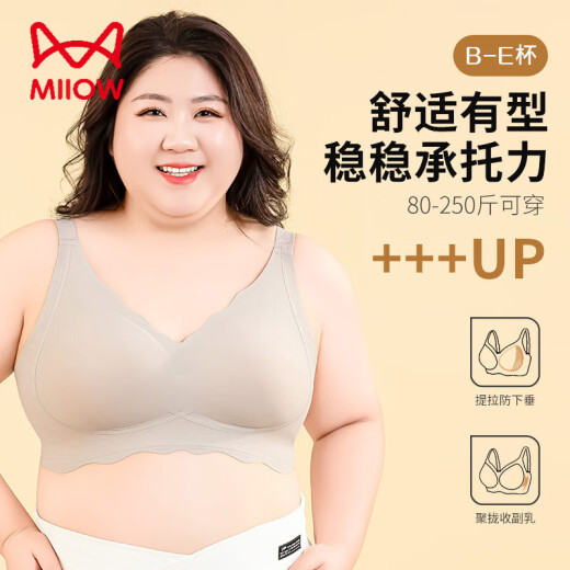 猫人 MIIOW内衣女夏季特大码无痕胖妹妹200斤无钢圈95CD薄E杯大胸显小文胸罩 灰色 M 75BCD 【80-100斤】