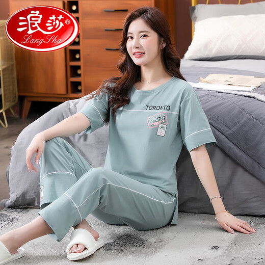 浪莎（LangSha）睡衣女夏季纯棉2025年新款短袖长裤家居服套装可外穿薄款全棉套装 7374豆沙粉 XL 120-140斤