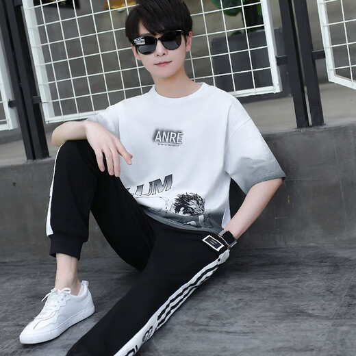 Qiao Yumeneng Summer Boy kurzärmeligte Sweatshirt 13-jährige Teenager-Hosen T-Shirt T-Shirt Zweiköpfig 15 Schüler der Junior High School 14 Sportanzug Weiß und Blauanzug 9226 (Kurzärärmel + Hosen) Hochwertiges M (Empfohlen 78-95 Jin [Jin gleich 0,5 kg]))
