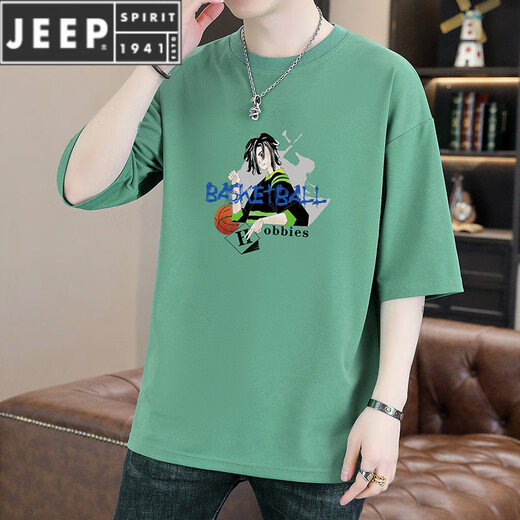 JEEP SPIRIT潮流纯色男士圆领宽松T恤2025夏季新款潮流帅气青年五分袖体恤衫 T9902白色 M