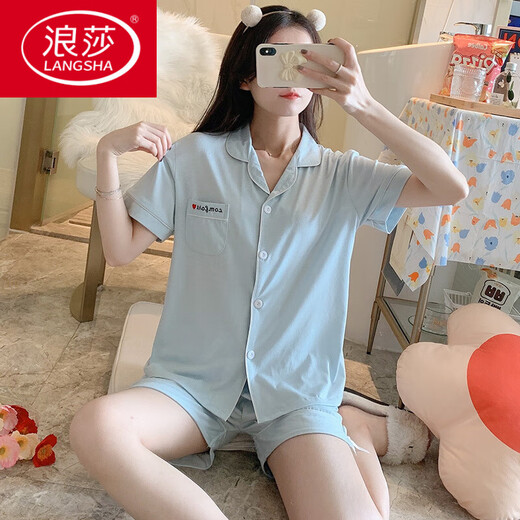浪莎（LangSha）2025年新款睡衣女款夏季纯棉短袖短裤夏天少女生夏款女士家居服全 12347带胸垫 M 80-100