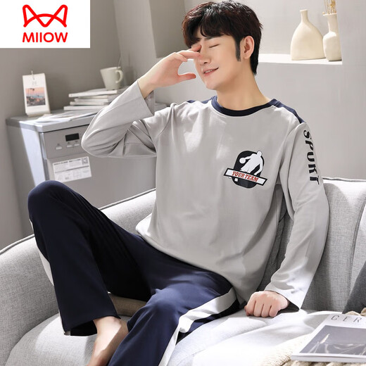 Catman (Miiow) Pyjamas für Männer im Frühjahr und Herbst Pure Cotton Longleved Teenagers Volle Baumwolle Largesize Sommer-Dünnhause-Kleidungsstück Q6627 Hollow C Letters Herren M [80-120jin [Jin gleich 0,5 kg]]]