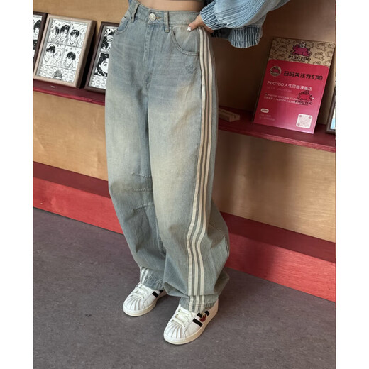 阿迪达斯三叶草女子复古渐变效果水洗牛仔运动长裤JX官方旗舰正品 紫色JX9214 31