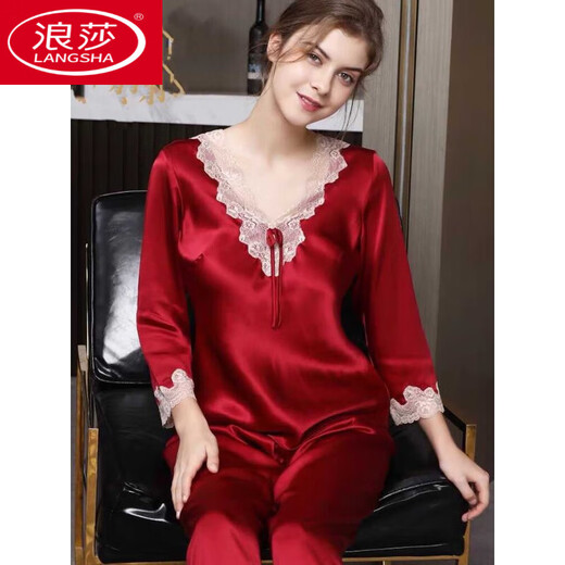 Langsha Pyjamas für Frauen im Frühjahr und Herbst, langärmelte Ice Seide sexy neue Frauen zweiteilige Studentin Korean Cute Home Clothing Langarmed 9856 Hellrosa Anzug M [70-100jin [Jin gleich 0,5 kg]]]