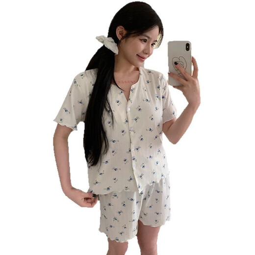 S.SOFEA夏季短袖提花睡衣女公主风薄款两件套装 双短套装DW683蓝花(带胸垫) 175 L(100-120斤)