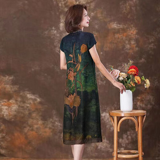 
Pinji silk cheongsam old Shanghai summer modified dress for women short-sleeved over-knee long skirt with large size fat mm slim color 9761 2XL 126 to 135 Jin [Jin equals 0.5 kg]