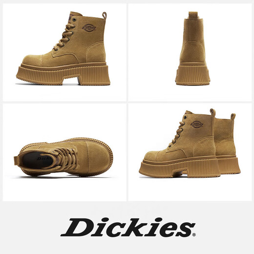 Dickies女士马丁靴时尚百搭高帮女靴英伦风增高靴子工装靴 黄棕 36 
