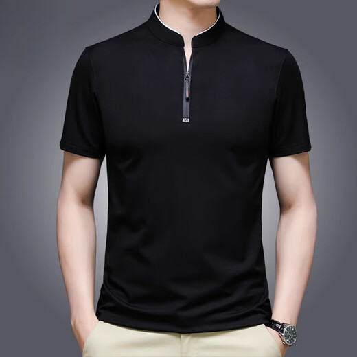 Pierre cardin high-end brand summer ice silk T-shirt men's stand collar solid color semi-zipper Korean version middle-aged and young casual top polo. shirt P6625 rose red pocket 4XL 190 Recommended [181-200Jin [Jin equals 0.5 kg]]