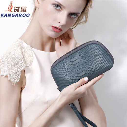 袋鼠手包女款2025新款时尚手拿包女士小包可放手机零钱包 黑色[质感头层牛皮]