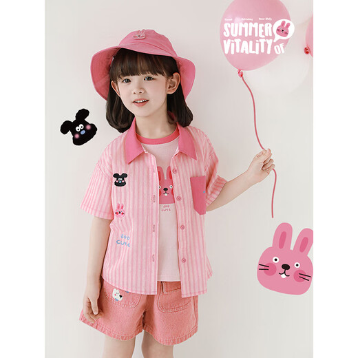 幼悠女童萌宠乐园系列2025夏季简约翻领衬衫复古牛仔短裤多件套潮 卡通短袖T恤粉色（X4859） 110 cm