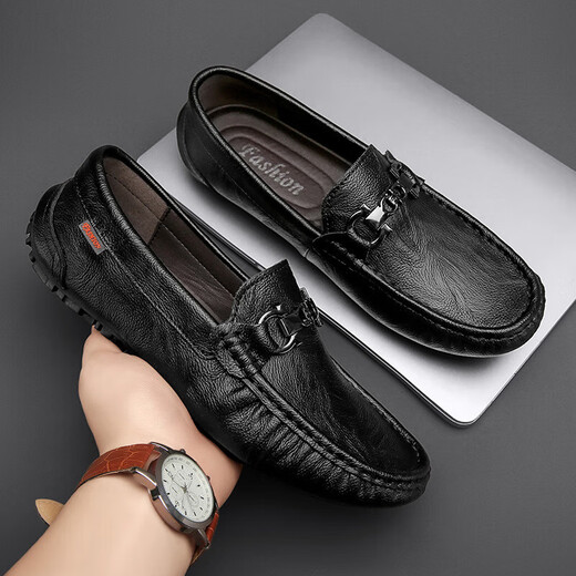 Le prince Yierkang porte 2025 Chaussures de bonnet en cuir authentique pour hommes pour le printemps nouvelles chaussures paresseuses décontractées avec un pied pour conduire les chaussures de voiture en cuir britannique wenzhou chaussures en cuir noir 9905 trous 42