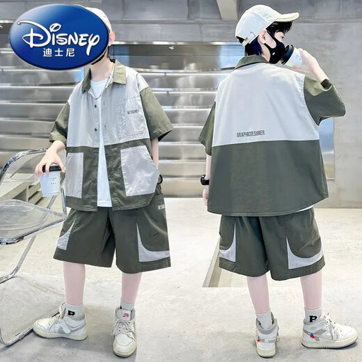 迪士尼（Disney）男童夏装套装新款夏季中大童儿童男孩夏款短袖衬衣痞帅潮衣服 TZK679-灰色套装 120 建议身高140-150厘米