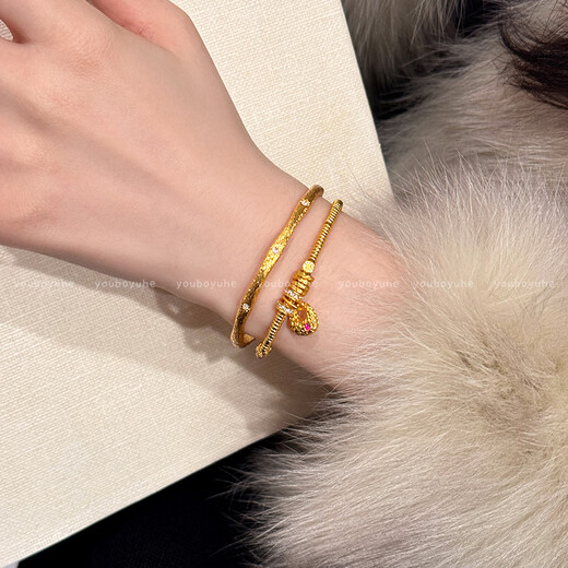 Fat Donglai's same style alluvial gold bracelet, ancient method lucky bag stacking bracelet for women, new Chinese style simple golden color that does not fade, bracelet bracelet set - high color retention alluvial gold