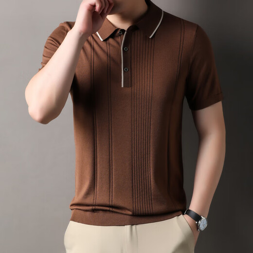 Polo à manches à manches courtes pour hommes 2025 Été Nouveau revers T-shirt à rayures à rayures simples décontractées pour hommes Brown haut de gamme (vitesse de spot) M / 105 (vitesse de spot) [90-120Jin [Jin est égal à 0,5 kg]]]