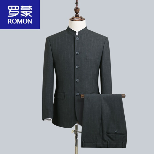 ROMON Chinese stand collar suit, Chinese tunic suit for men, striped Tang suit for father-in-law's wedding banquet, Chinese dress for father, dark blue top + pants + shirt + pocket square, etc. M