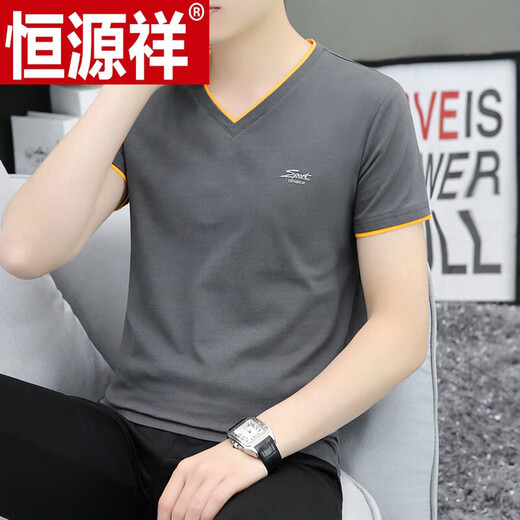 恒源祥夏季精品印花100%纯棉短袖Tt恤男潮牌V领简约打底衫 透气I白色 691款 M 85-100斤