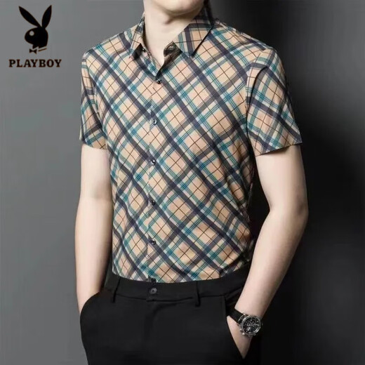 花花公子（PLAYBOY）夏季中年爸爸撞色格纹短袖衬衫男潮流格子衬衣休闲半袖寸衫上衣 9902条纹短袖黄色 S 165/84A 建议95-120斤