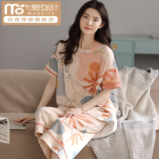 莫代尔睡衣女款夏季棉质短袖七分裤棉质圆点可外穿女士家居服 9854 【纯棉】 M 建议80-100斤穿
