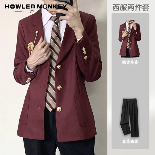 声猴西服套装男士dk小西装外套商务职业正装班服校伴郎结婚礼服外套男 红色外套+白衬衫+黑西裤+领带 L