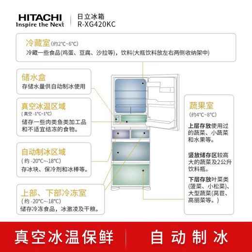 Hitachi multi-door refrigerator R-XG420KC 401L air-cooled frost-free glass panel automatic ice making ice cold set crystal white