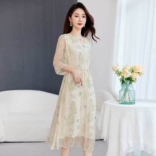 水墨佳人杭州轻奢高端女装真丝激光定位绣花中长裙100%桑蚕丝连衣裙夏9208 绿色 2XL (125-110斤)