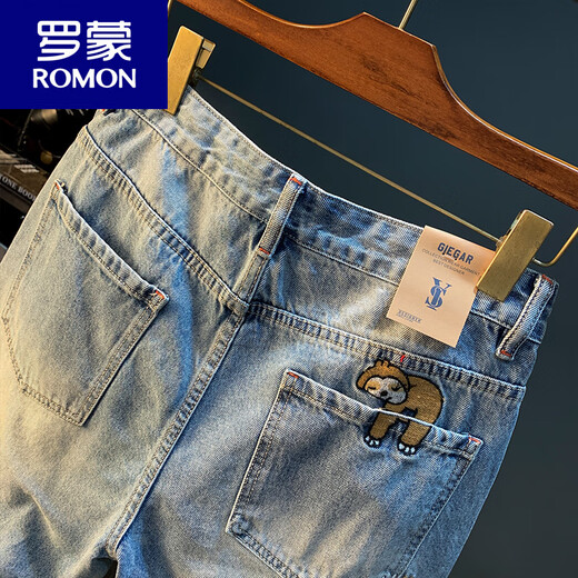 
ROMON Summer Casual Shorts Men's Large Size Light Color Pure Cotton Five-Part Jeans Trendy Embroidery High-end Men's Straight-Part Mid-Part Blue [XY9922] 28 Suitable for weight 95-108Jin [Jin equals 0.5 kg]
