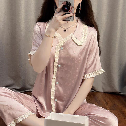 雅鹿睡衣女夏季大码薄款凉感冰丝绸宫廷风短袖长裤舒适家居服套装 FY3937[郁金香短袖短裤] 均码 L[建议100120斤]