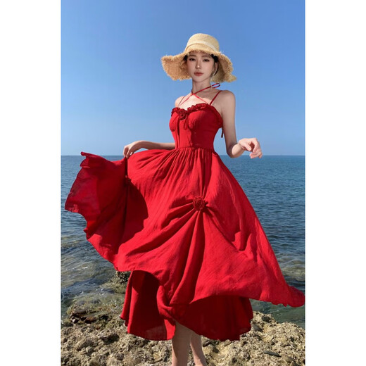 以欧M明艳气质浪漫玫瑰系带大摆收腰显瘦吊带连衣裙女显白度假裙6197 暗红色 S