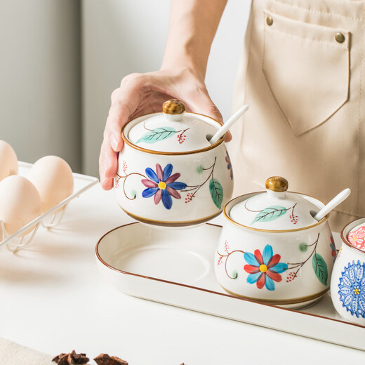 Dingdan ceramic seasoning jar combination household seasoning box high temperature resistant seasoning jar salt jar creative chili oil jar oil splash jar small size - mix and match three-piece set + tray with spoon
